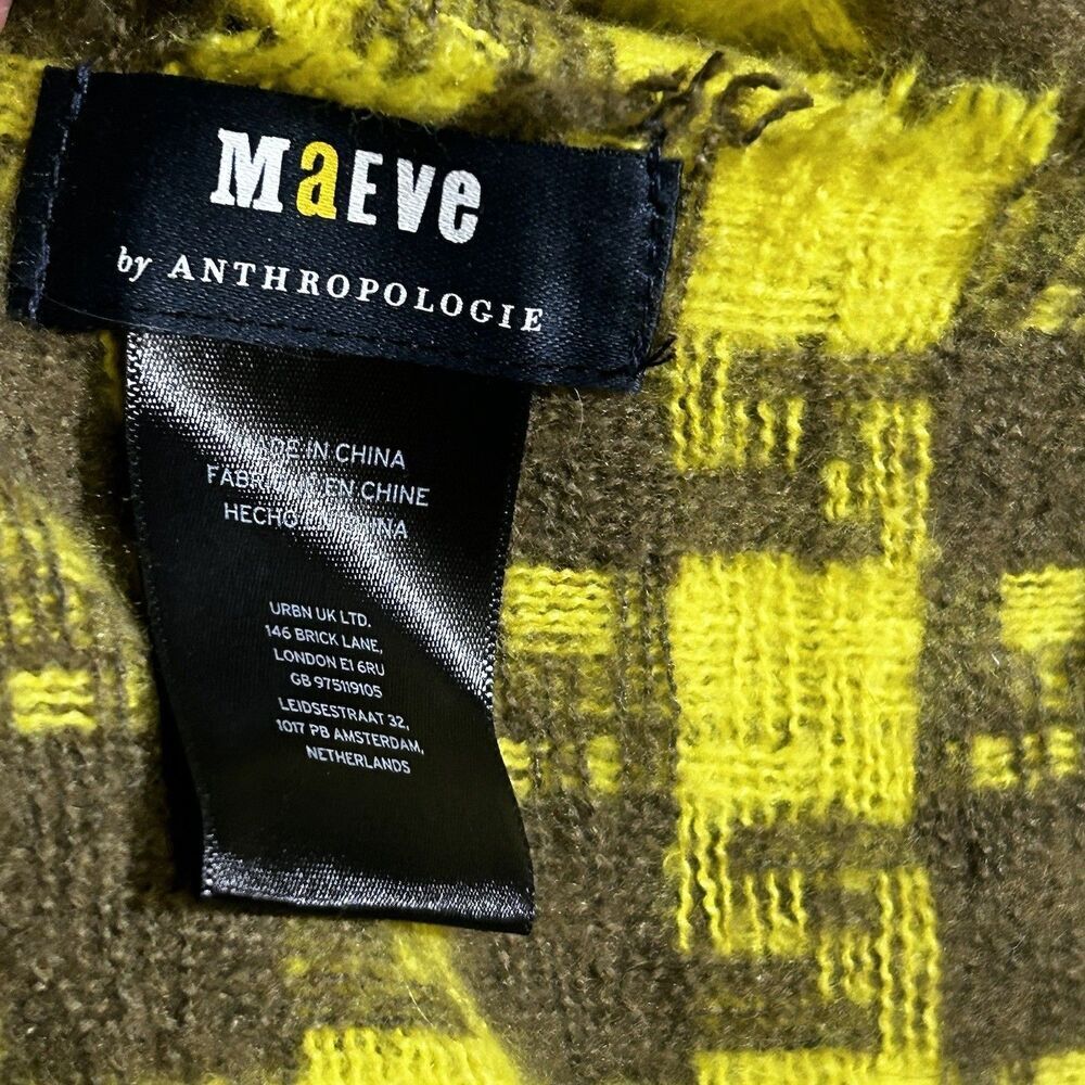 Maeve Anthropologie Blanket Wrap Scarf Yellow Gray Houndstooth Plaid Fringe - Picture 5 of 7